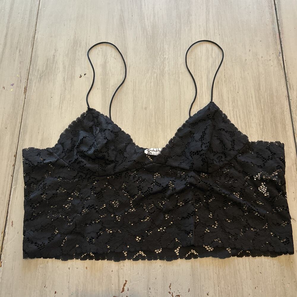 Intimately Free People Black Lace Cropped Cami Bralette Semi Sheer Sz L